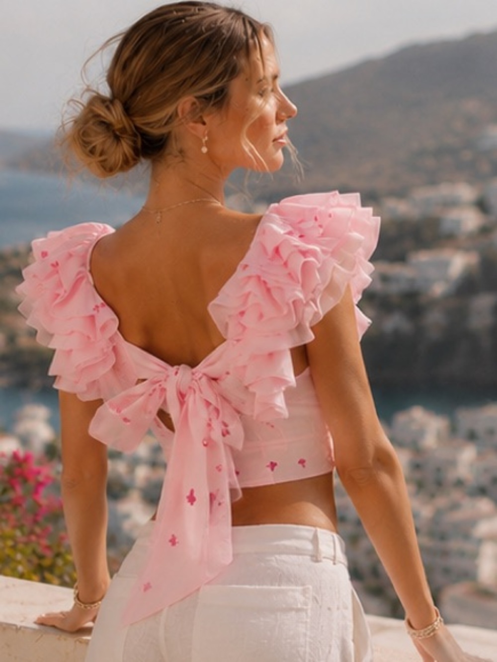 NWT FANM MON Anais Linen Ruffle Embroidered Crop Top in Light pink Size S - Picture 8 of 16